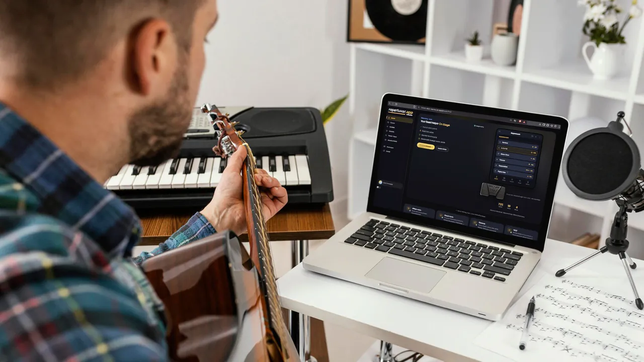 Gitarıyla çalışırken dizüstünde Repertuvar.app açık olan müzisyen
