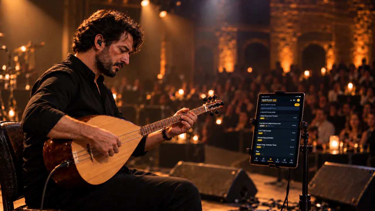 Sahnede bağlama çalan müzisyen, sehpadaki tablette Repertuvar.app